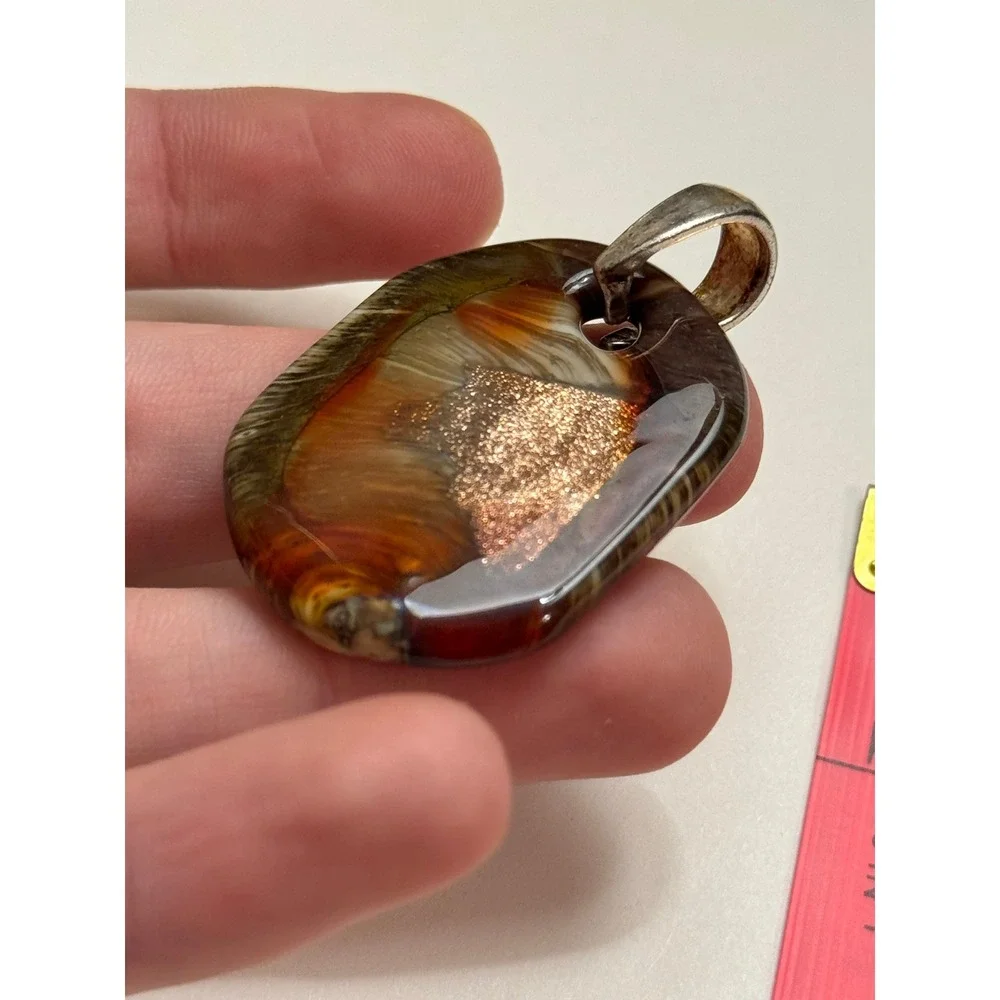Murano Glass Pendant Brown Amber Gold Aventurine Glitter Venetian Italy Signed
